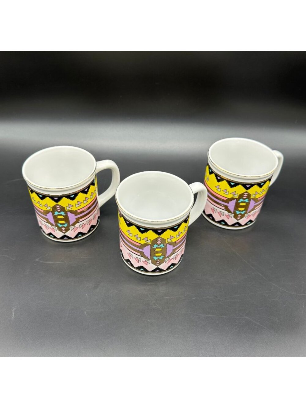 Vintage Mugs southwest Aztec Ceramic Japan Pink Yellow Purple Gold Cups Set of 3 - Picture 1 of 10